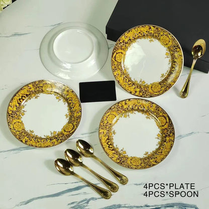 Golden Edge Luxury Tableware Set, Western Dinner Plate, Steak Flat Tray, Bone China Dinnerware Set, Coffee Cup, 10 ", 8" plates