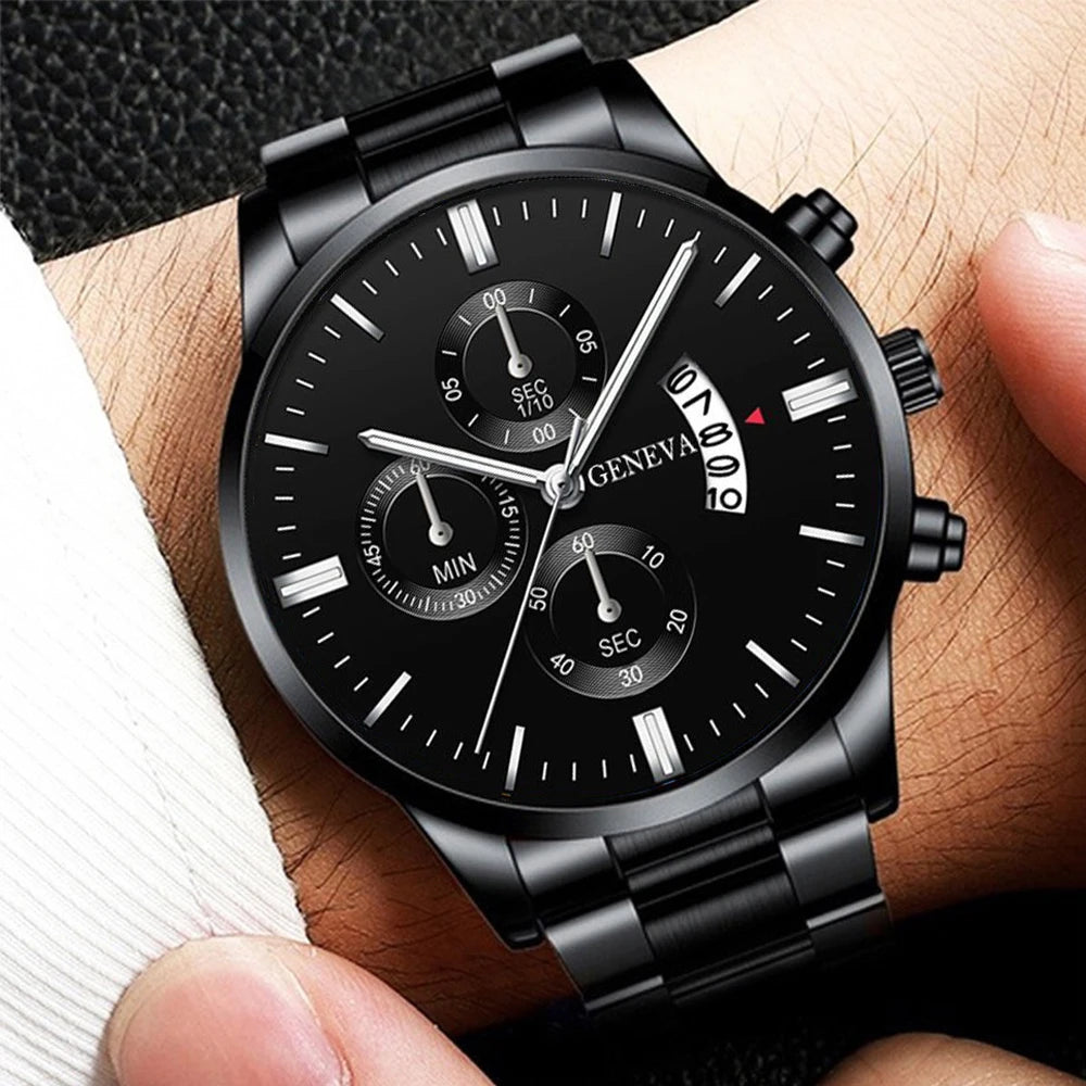 3PCS/Set Fashion Men's Stainless Steel Band Watch,  Casual,  Calendar Quartz Watch Jewelry Set（Without Box）Both Colors are Available