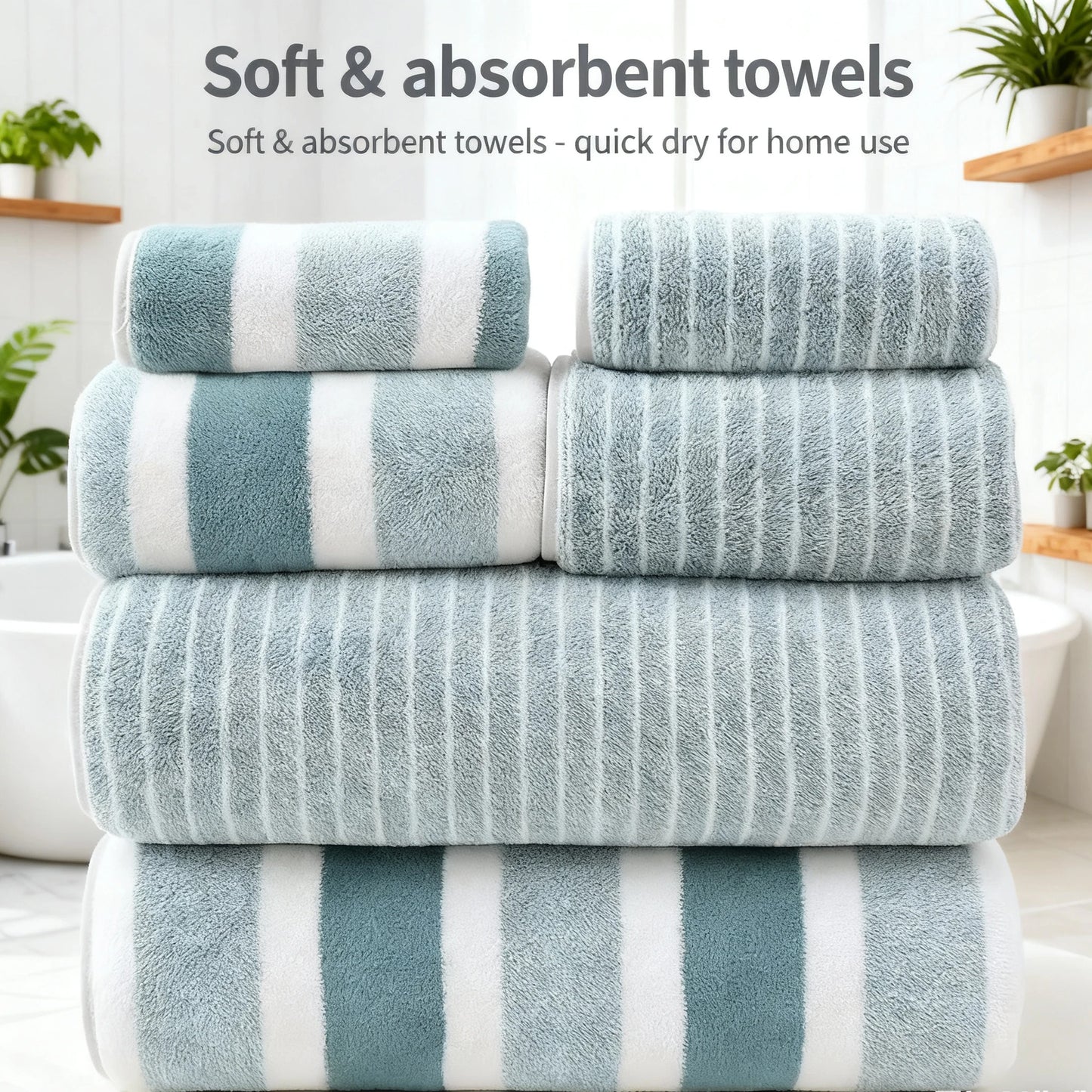 6 Pcs Striped Quick-Dry Absorbent Towel Set - 2 Bath Towels 2 Face Towels 2 Washcloths, Soft Bathroom Linens for Home, Hotel,