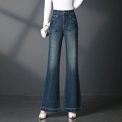 Autumn/Winter Women's High Quality,  Mid to High Waist,  Micro Jeans  in Plus Sizes, Embroidered,  Straight LEG, Casual