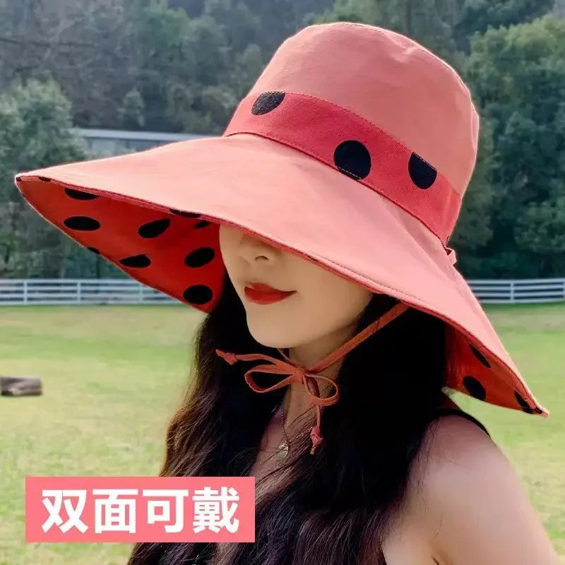 1pc Polka Dot Ribbonbucket Hat for Women, Large Wide Brim Summer Sun Hat,  Breathable Sunscreen Visor Cap for Beach, Sun,  Travel