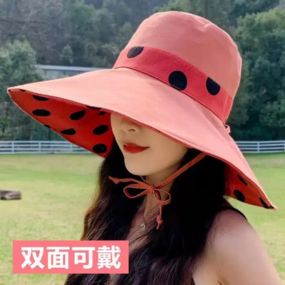 1pc Polka Dot Ribbonbucket Hat for Women, Large Wide Brim Summer Sun Hat,  Breathable Sunscreen Visor Cap for Beach, Sun,  Travel
