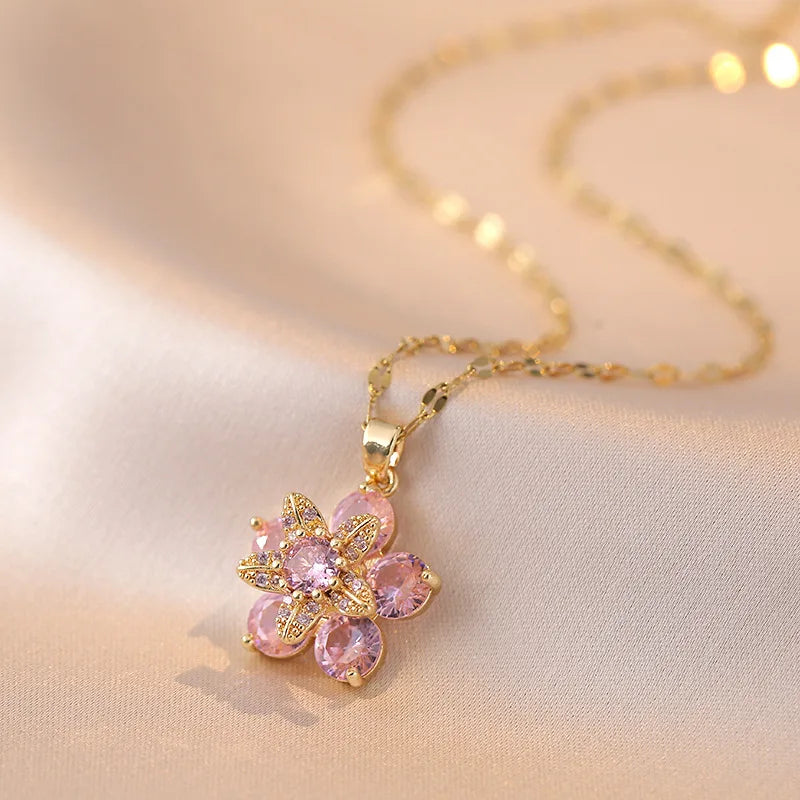 Shiny Zircon Romantic Flower Pendant, Necklace For Women Gold Plated Rotatable Flowers Choker for Girls , Wedding Party,  Luxury Jewelry