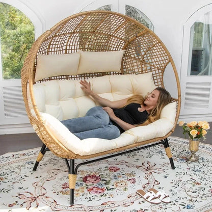 Lounge Chair/Double Egg Chair,  Indoor /Outdoor Stationary, Thickened, Padded Cushions,680 lbs，for Patio Balcony Porch Backyard Beige