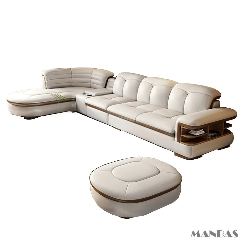 Luxury L-Shaped Genuine Leather Sectional Sofa Sets with USB, Bluetooth Speaker - Living Room, Italian Leather Couches