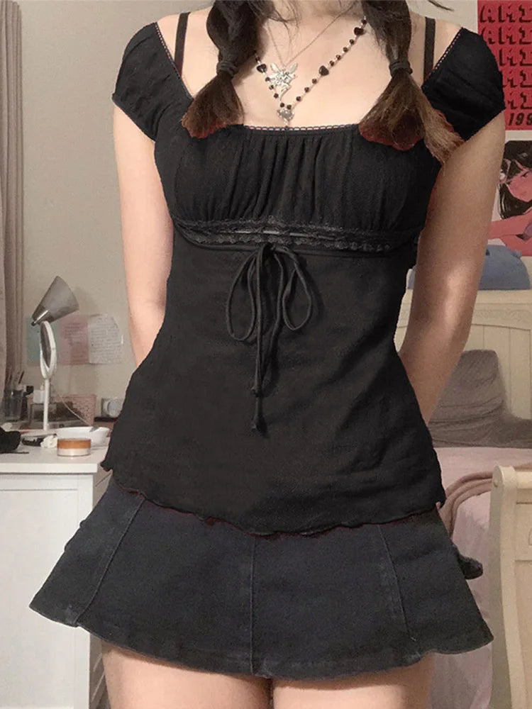 Aestheticly Sweet Lace Tops for  Women/GIRLS,  Off- Shoulder,  Drawstring T-shirt,  Female Tee Streetwear