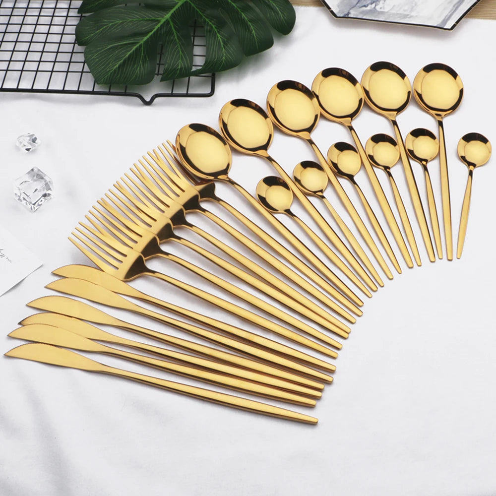 24pcs Gold Dinnerware, Stainless Steel Tableware,  Set with Knife, Fork,  Spoon, Flatware Set, Dishwasher Safe, Silverware Cutlery Set
