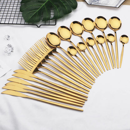 24pcs Gold Dinnerware, Stainless Steel Tableware,  Set with Knife, Fork,  Spoon, Flatware Set, Dishwasher Safe, Silverware Cutlery Set