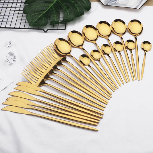 24pcs Gold Dinnerware, Stainless Steel Tableware,  Set with Knife, Fork,  Spoon, Flatware Set, Dishwasher Safe, Silverware Cutlery Set