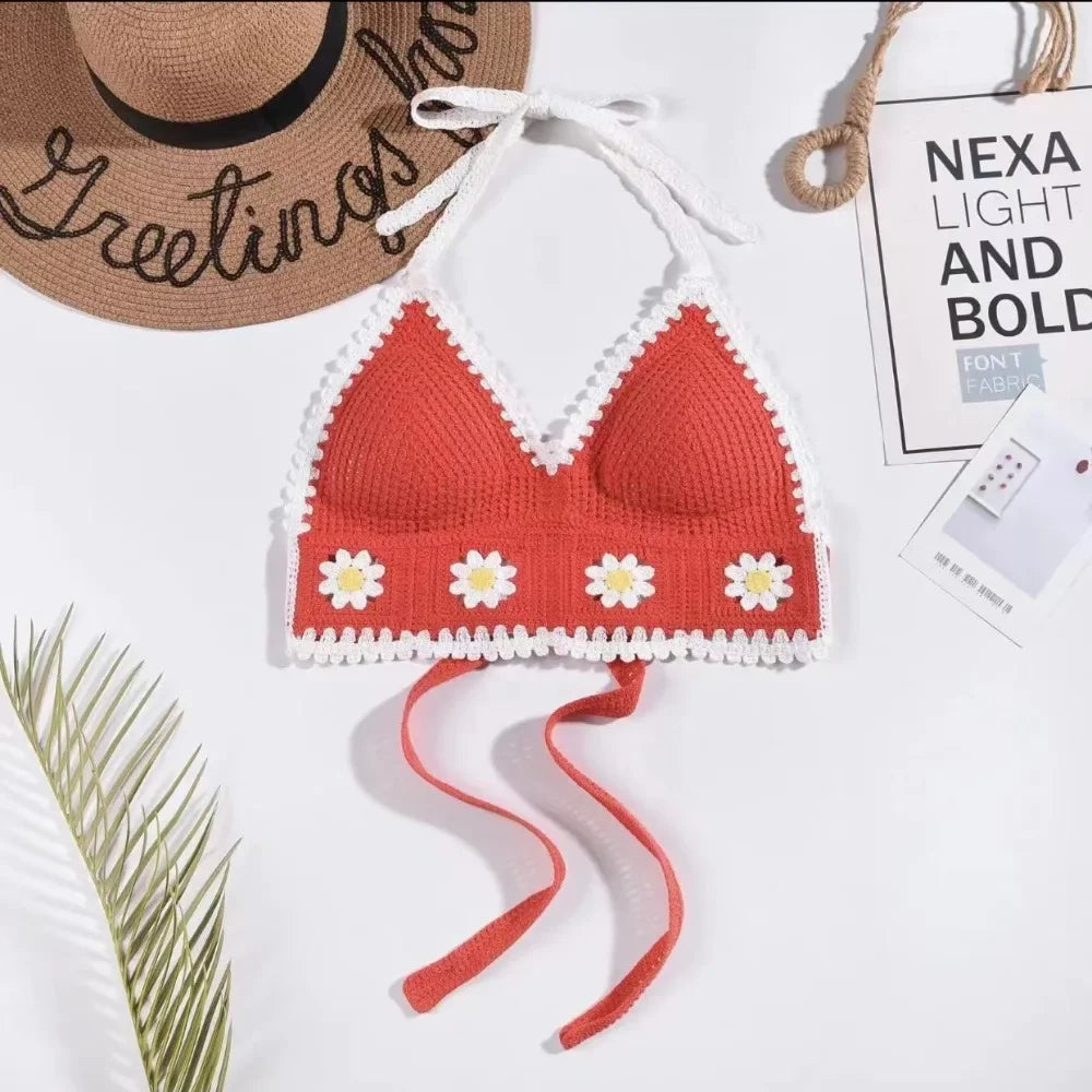 National Style Women Swimwear Top with Chest Pads Bohemian Beach Wear Outfit Crochet Hanging Neck Summer Sling Beach Vacation