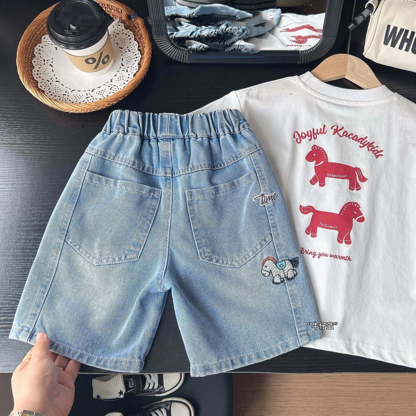 Summer Boys Shorts, Cartoon Embroidery, Boys Denim Shorts Water Wash, 2-10Yrs Boys Horse Pocket Jeans