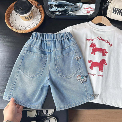 Summer Boys Shorts, Cartoon Embroidery, Boys Denim Shorts Water Wash, 2-10Yrs Boys Horse Pocket Jeans