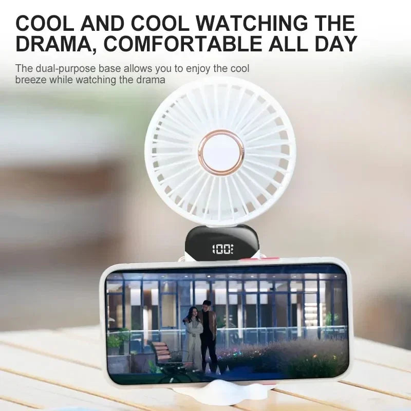 Portable Handheld Mini Fan, Foldable Neck Hanging Fans , 5 Speed USB Rechargeable Fan with Phone Stand and Display Screen, 1800mAh.  BLUE< PURPLE< WHITE Colors are Available