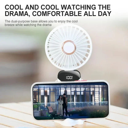 Portable Handheld Mini Fan, Foldable Neck Hanging Fans , 5 Speed USB Rechargeable Fan with Phone Stand and Display Screen, 1800mAh.  BLUE< PURPLE< WHITE Colors are Available
