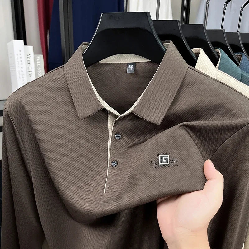 2026 Men's Business Casual Long Sleeved Shirt with Badge,   Solid Colors  of Polo Shirts.   Fashionable, Comfortable, Versatile. Nice Colors.