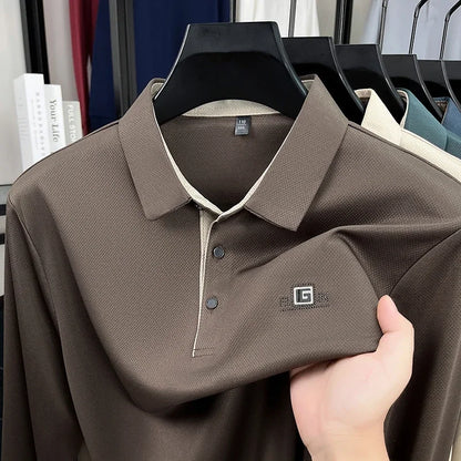 2026 Men's Business Casual Long Sleeved Shirt with Badge,   Solid Colors  of Polo Shirts.   Fashionable, Comfortable, Versatile. Nice Colors.