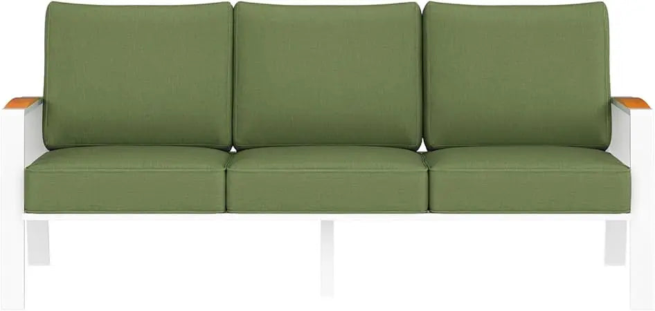 Outdoor Couch,  Aluminum Patio Furniture Set,  All-Weather Metal 3-Seat Sofa with Solid Teak Armrest and Thick Cushions,