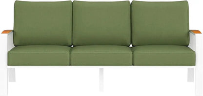 Outdoor Couch,  Aluminum Patio Furniture Set,  All-Weather Metal 3-Seat Sofa with Solid Teak Armrest and Thick Cushions,