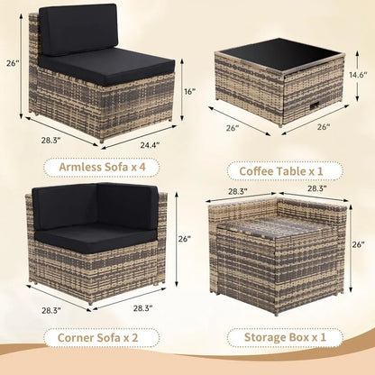 8- Piece Outdoor Wicker Patio Furniture Sectional Set, Glass Top Table With Hidden Storage, Includes 7 Seating Components