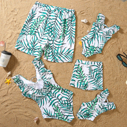 Matching Outfits for family,  Leaf Printed Swimsuit, Floral Full Print Multi-color One-piece Matching Swimwear