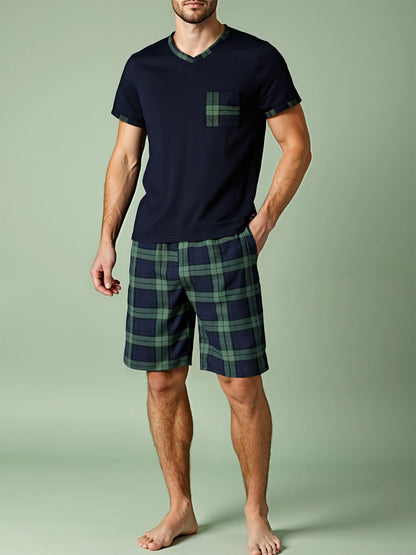 Mens Pajama Sets,  Short Sleeve , Plaid Pajamas and are  Soft Lounge Sleepwear with Pockets & Drawstring Shorts