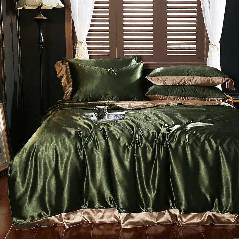 Natural Mulberry Silk Bedding Set Cover Fitted/Flat Bed Sheet,  2 Pillowcases, Luxury Satin Bedsheet,  Solid Colors  King, Queen,  Twin Size