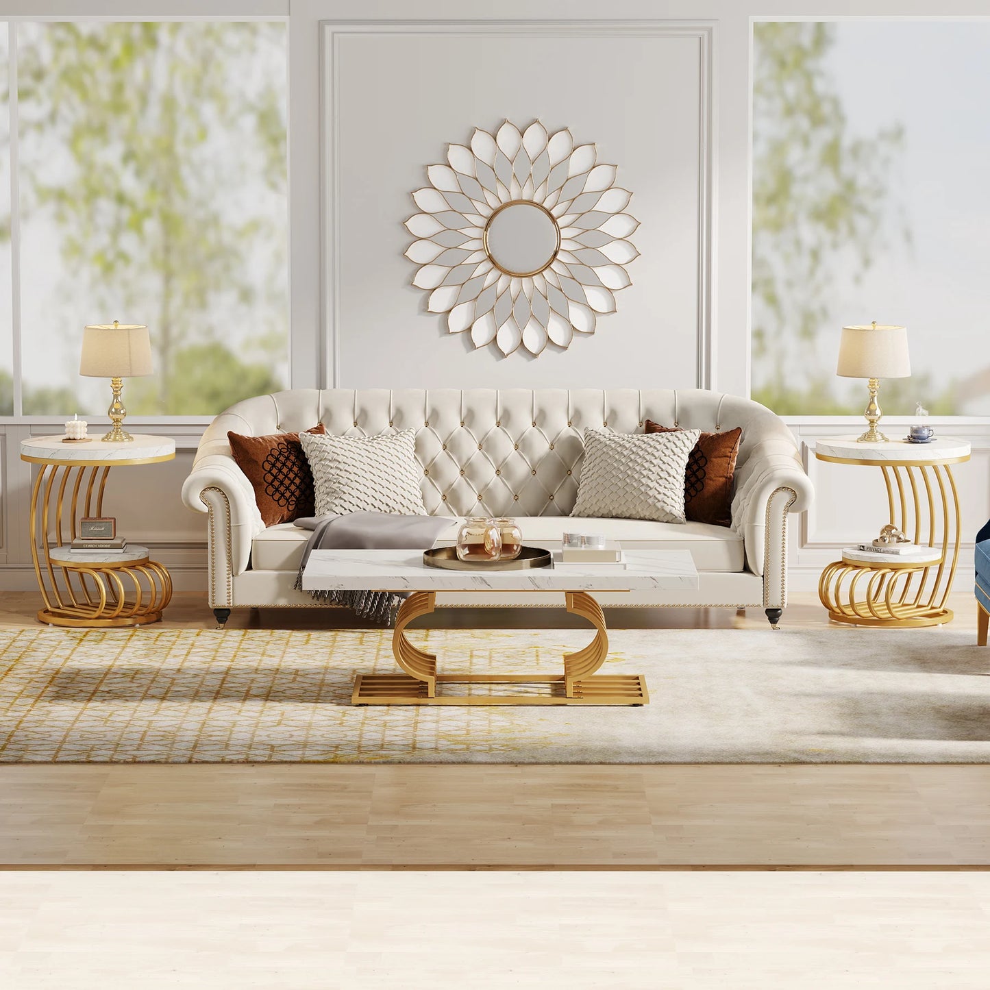 Gold Round End Table: 2 Tiers Faux Marble Side Table with Storage Shelf, Modern White Gold Bedside Nightstand, Living Room