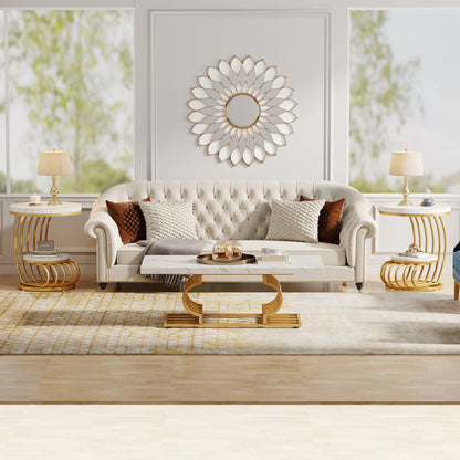 Gold Round End Table: 2 Tiers Faux Marble Side Table with Storage Shelf, Modern White Gold Bedside Nightstand, Living Room