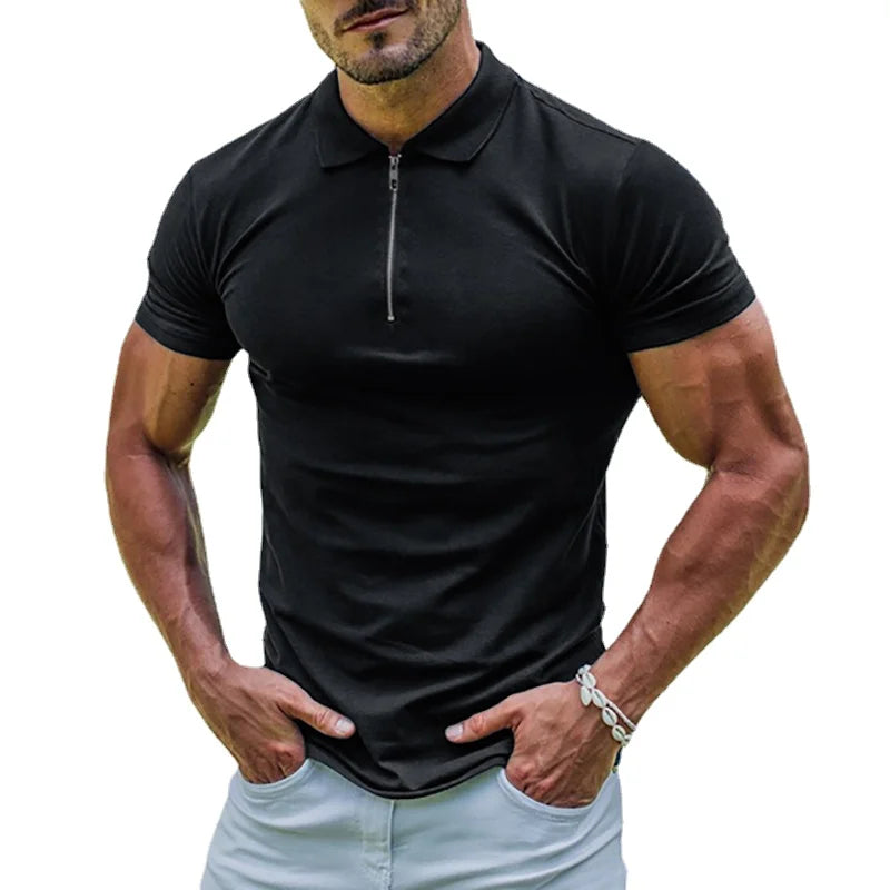 New Elastic Polos Shirts, 11 Solid Colors to pick from. Men's Sports T-shirt  with  Zipper, Short Sleeved Slim T-shirt , Casual, Basic Tops
