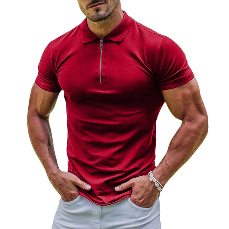 New Elastic Polos Shirts, 11 Solid Colors to pick from. Men's Sports T-shirt  with  Zipper, Short Sleeved Slim T-shirt , Casual, Basic Tops