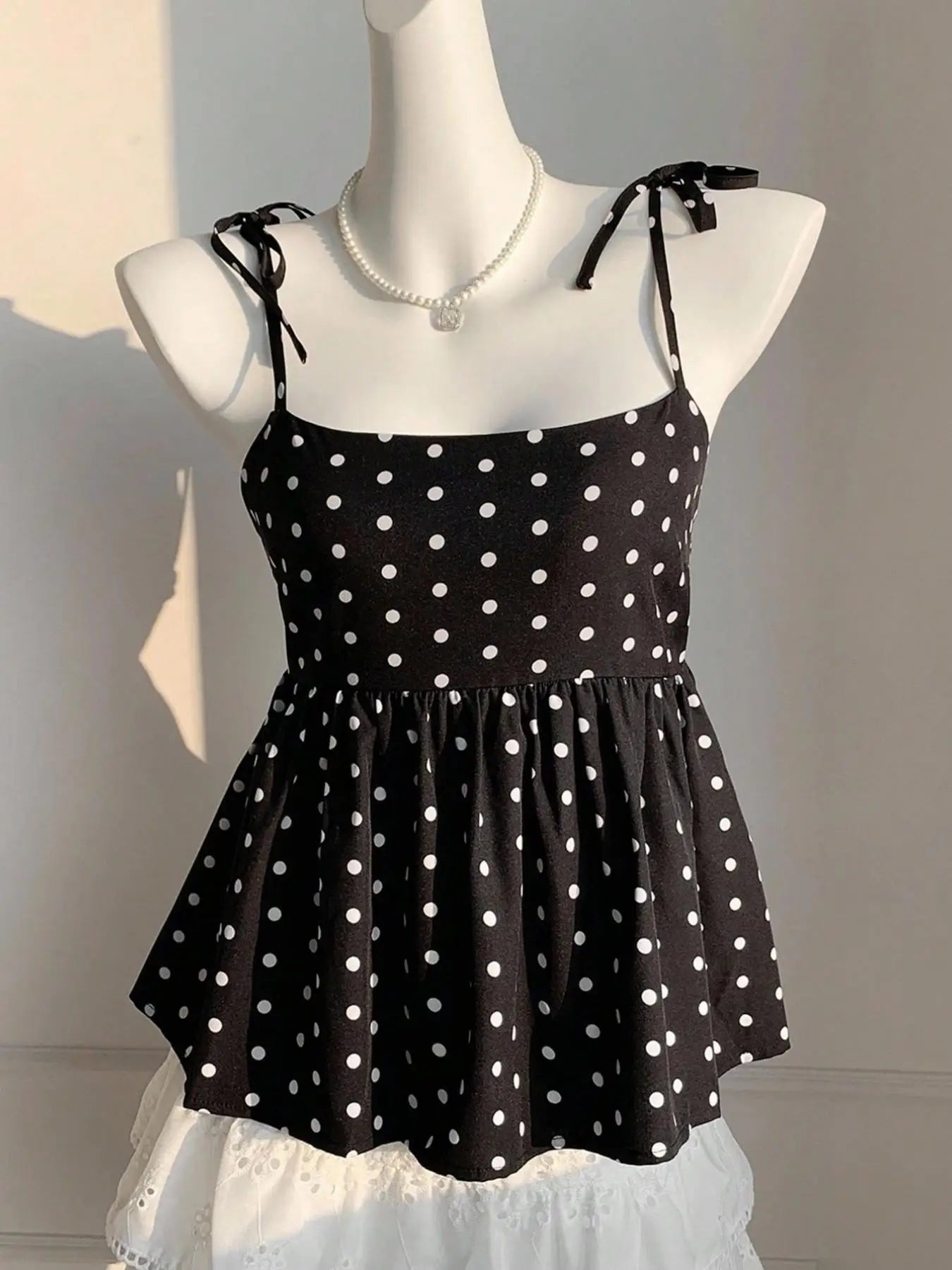 Women's Polka Dot Crop Cami With Spaghetti Straps And Flared He.  Polka Dot Camisole,  Babydoll Polkadot Top.