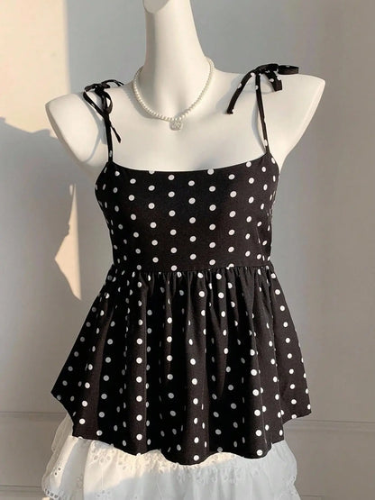 Women's Polka Dot Crop Cami With Spaghetti Straps And Flared He.  Polka Dot Camisole,  Babydoll Polkadot Top.