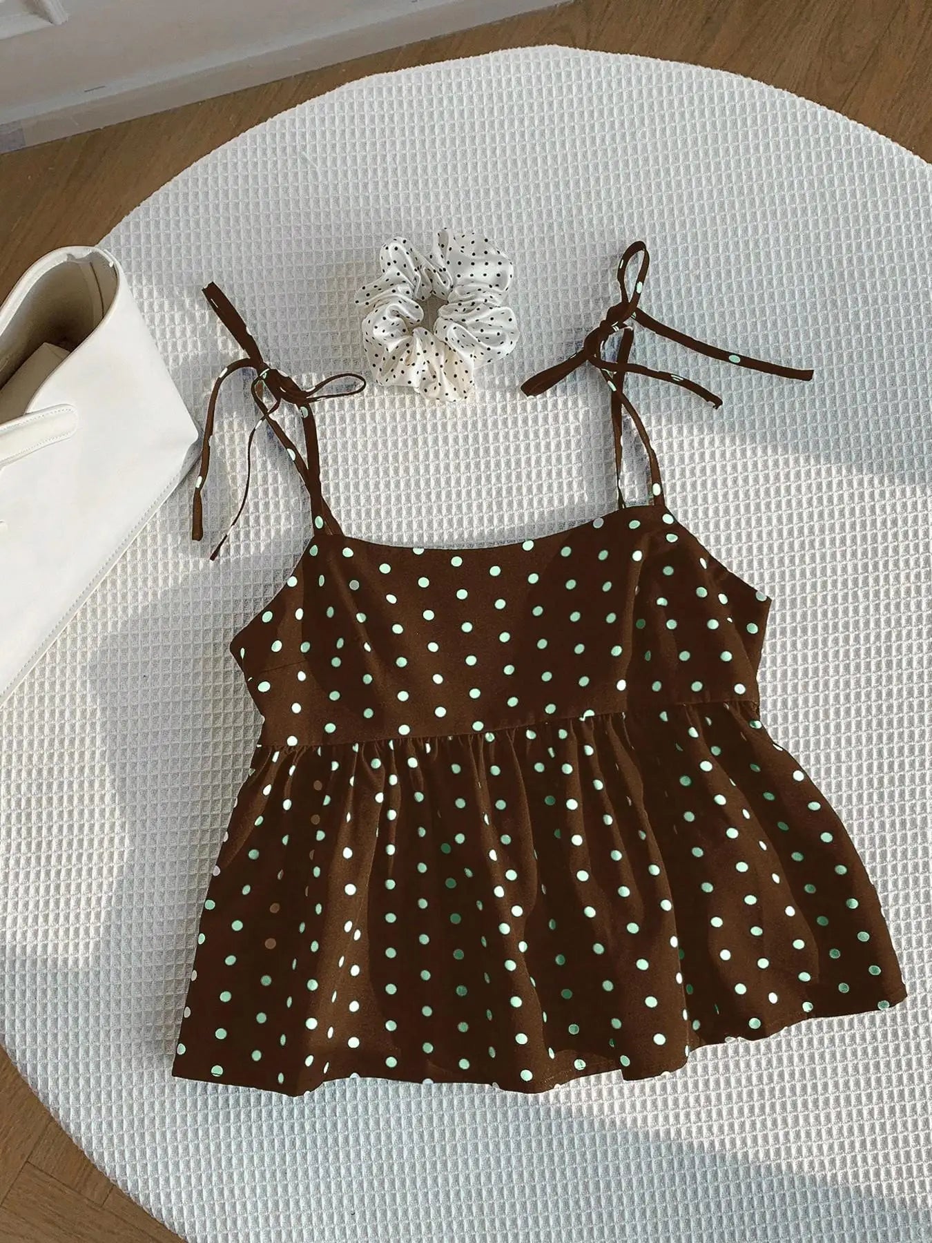 Women's Polka Dot Crop Cami With Spaghetti Straps And Flared He.  Polka Dot Camisole,  Babydoll Polkadot Top.