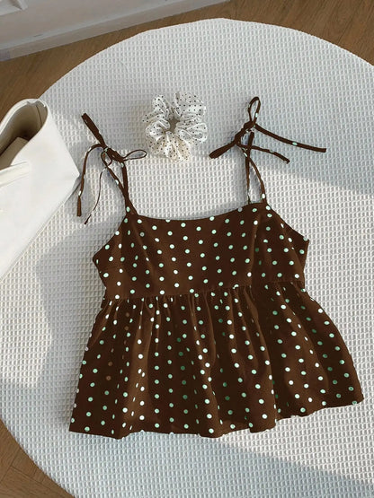 Women's Polka Dot Crop Cami With Spaghetti Straps And Flared He.  Polka Dot Camisole,  Babydoll Polkadot Top.