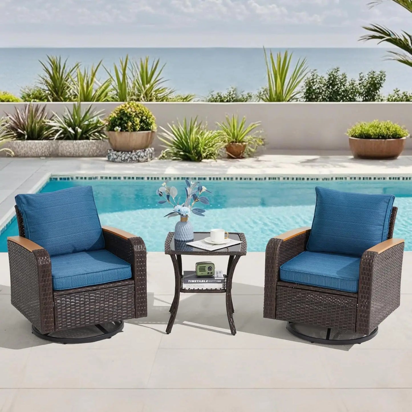 3 Piece Patio Set, Outdoor Swivel Chair, Wicker Patio Bistro Set with Side Table for Garden, Porch, Backyard