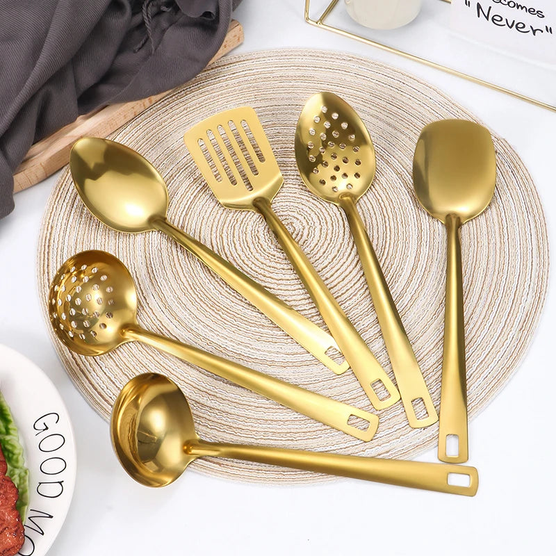 2/6pcs Stainless steel kitchenware set,  creative  golden soup spoon, colander,  hot pot spoon, cooking  and frying assists.