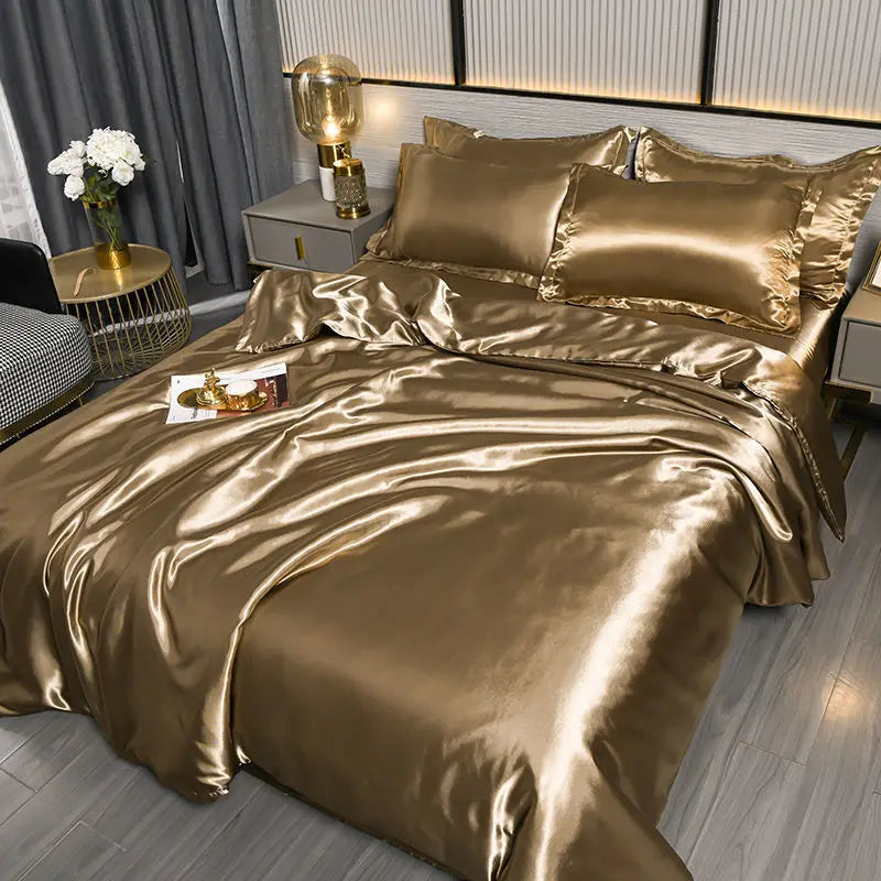 Nordic Satin Silk Bedding Set with Duvet Cover,  Bed Sheet,  Pillowcases.   Luxury Solid Single, Double, Couple Pillow Case and Bedsheet