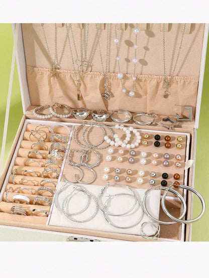 86pcs/Set Elegant Pearl Earrings,  Multi-Layered Necklaces,  Studs,  Rings,  4-In-1 Jewelry Set For Women Daily Wear Gift (No Box)