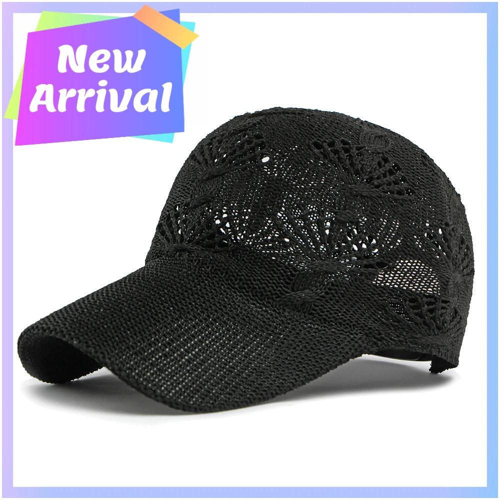 Summer Glossy Openwork Knit Baseball Cap for Women,Outdoor Sun Protection Hat Breathable Flattering Versatile.  BEIGE and KAIKI are gone.  Other colors are GOOD.