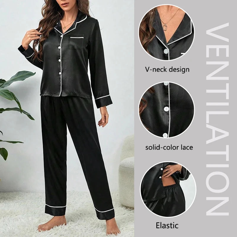 Plus Size Pajamas Women Fall and Winter Ice Silk Long Sleeve Two Piece Set Loungewear Nightwear Ladies Solid Color Sleepwear