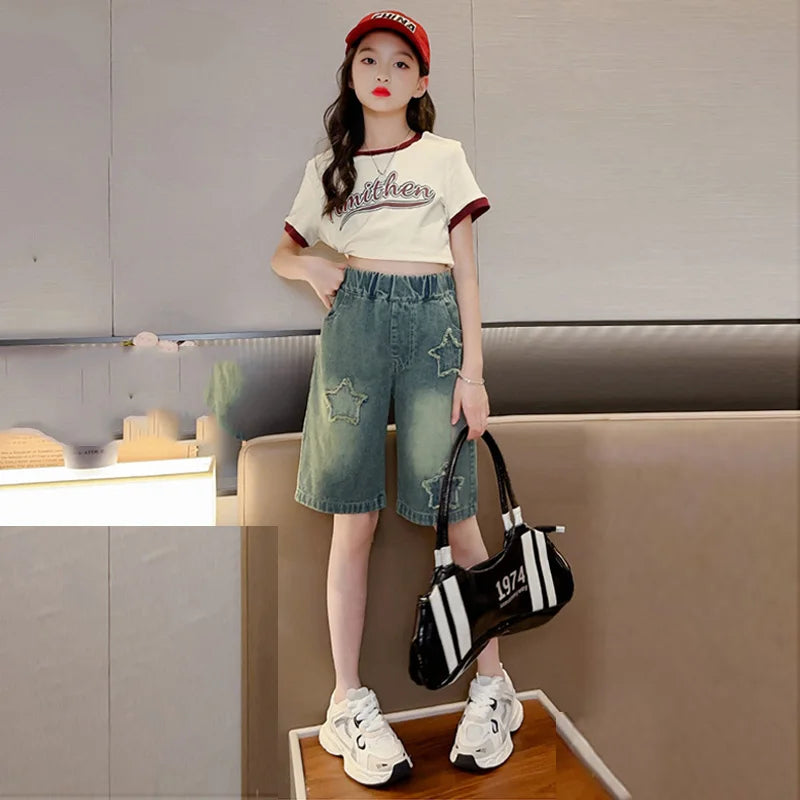 Girls Shorts for Summer,  Kids Casual Loose Jeans,  Childrens  Denim Knee Length Pants,  Teenager Fashion High Waist Shorts