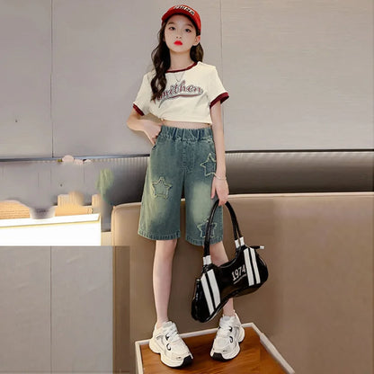Girls Shorts for Summer,  Kids Casual Loose Jeans,  Childrens  Denim Knee Length Pants,  Teenager Fashion High Waist Shorts