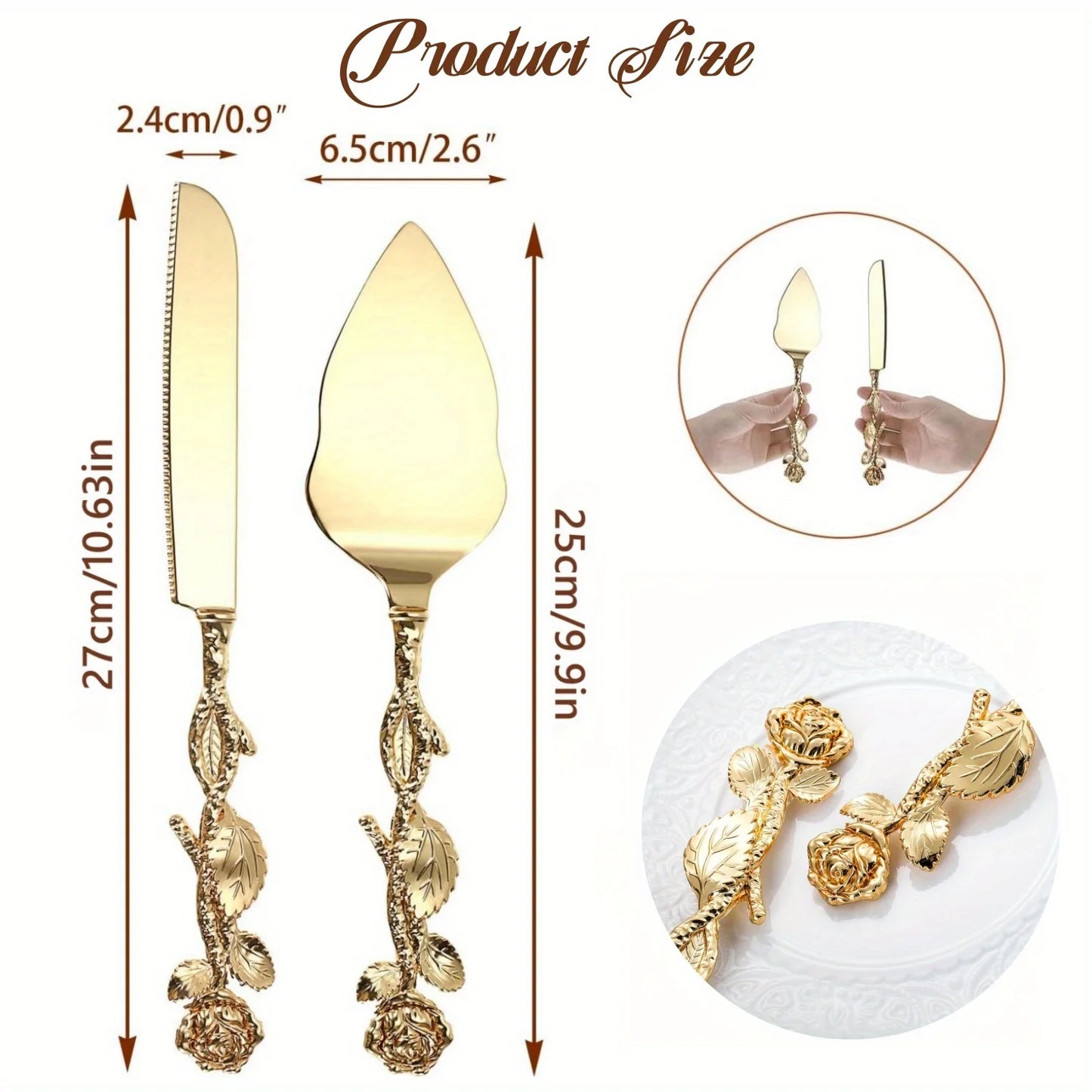 2pc.  Set of Golden Color Cake Knife and Spatula  with Luxury Rose Shaped Handle.   Cake Knife for Weddings,  Birthday Party,  Tableware Gifts