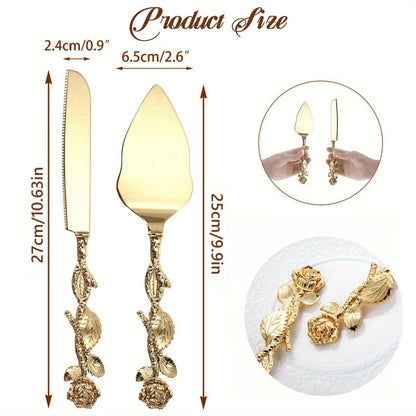2pc.  Set of Golden Color Cake Knife and Spatula  with Luxury Rose Shaped Handle.   Cake Knife for Weddings,  Birthday Party,  Tableware Gifts