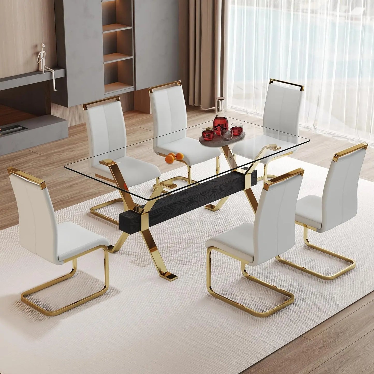 71“ Glass Dining Table Set for 6, Modern 7-Piece Dining Table Set,Rectanglular Tempered Glass Top and Metal Legs, Customized