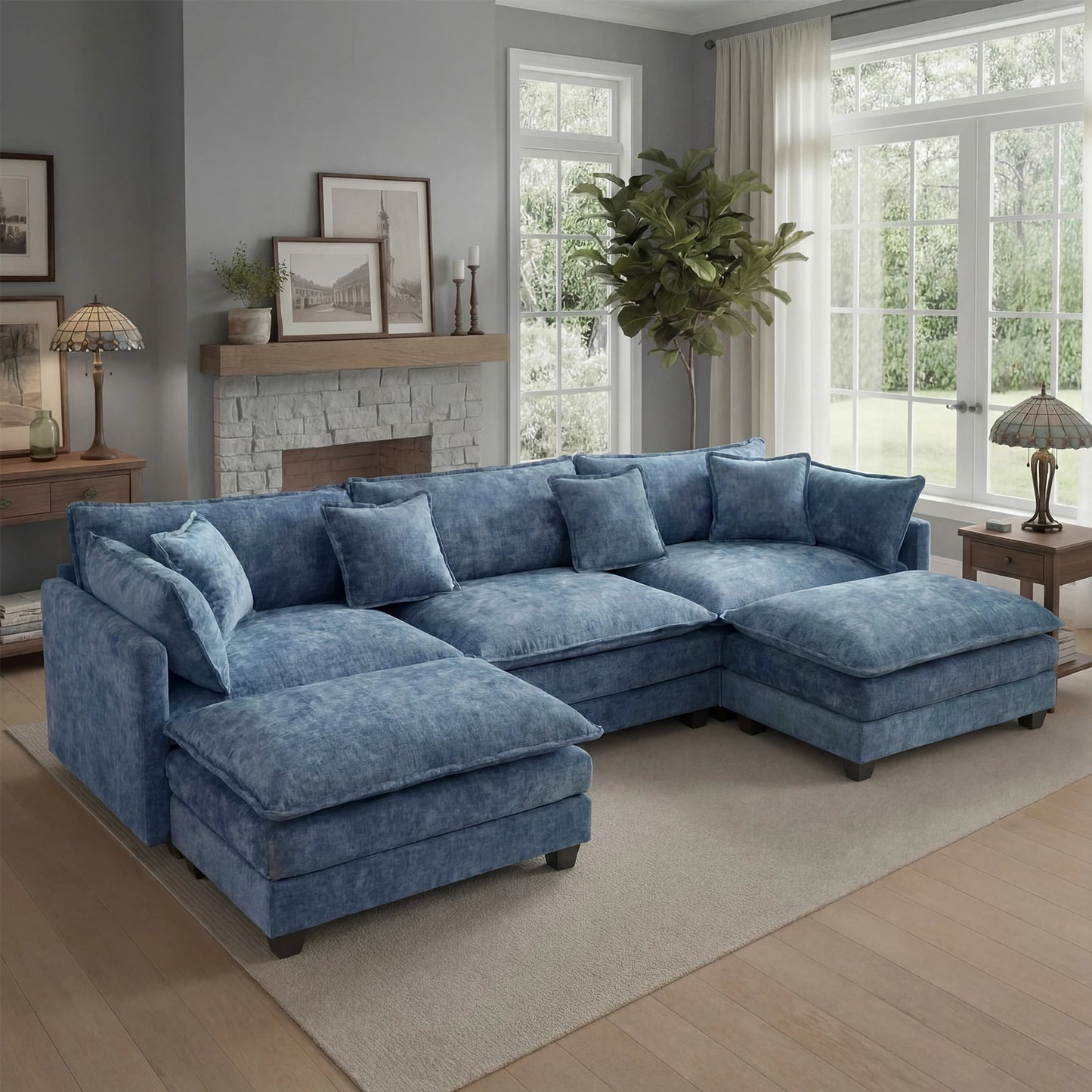113.4" Modular Sectional Sofa with Ottoman, Comfy Cloud Couch with Deep Seat (23.6" D), Solid Wood Frame, for Living Room