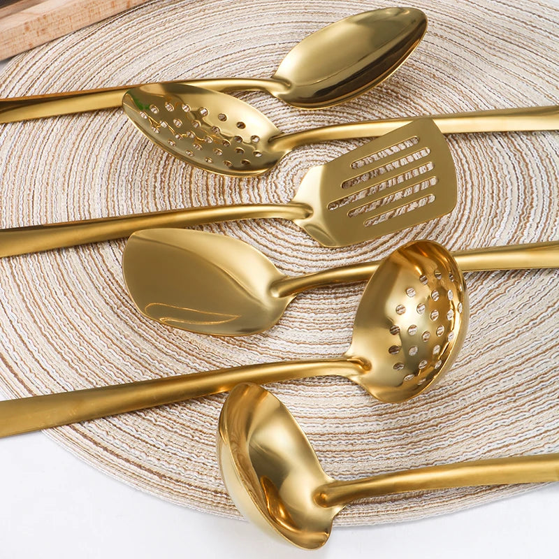 2/6pcs Stainless steel kitchenware set,  creative  golden soup spoon, colander,  hot pot spoon, cooking  and frying assists.