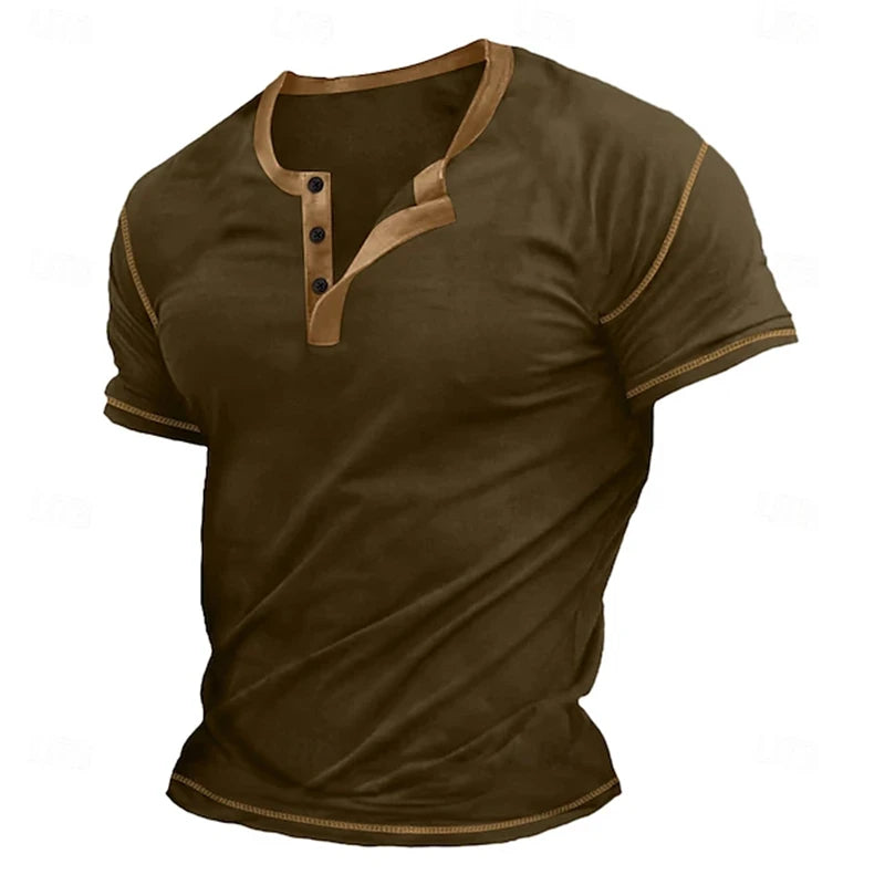 Retro Men's Button-Down T-Shirt  (HENLEY-STYLE), Minimalist Print T-Shirt,  Loose-Fit,  Casual Summer Shirt,  Stylish Streetwear Men.
