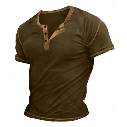 Retro Men's Button-Down T-Shirt  (HENLEY-STYLE), Minimalist Print T-Shirt,  Loose-Fit,  Casual Summer Shirt,  Stylish Streetwear Men.
