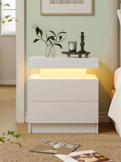 Cube LED Nightstand with 2 Drawers, End Table with RGB LED Lights for Bedroom, Living Room, in White